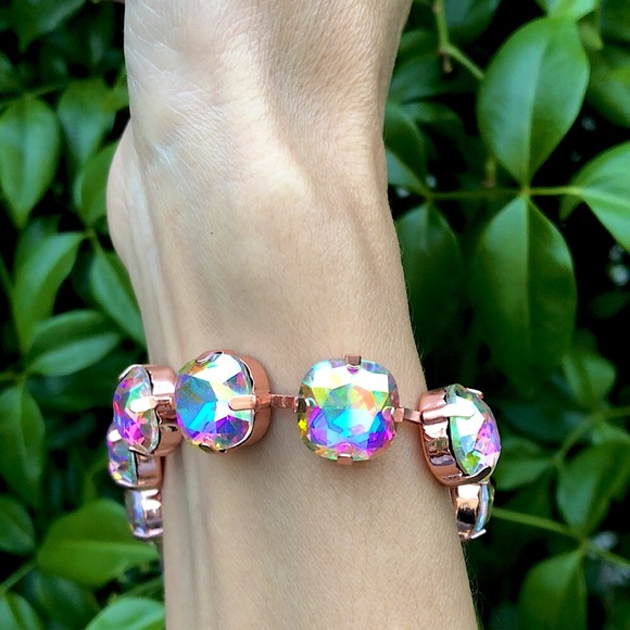 Aurora Borealis + Rose Gold Cushion Cut Crystal Tennis Bracelet - Picture 6 of 9